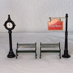 Vintage Mervyns Christmas Village Square Street Sign Post Benches & Clock 1991